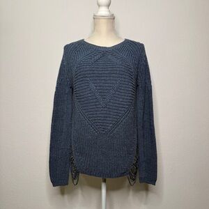 Maje Distressed Blue Cotton Blend Knit Sweater Textured Fringe Hem Size M